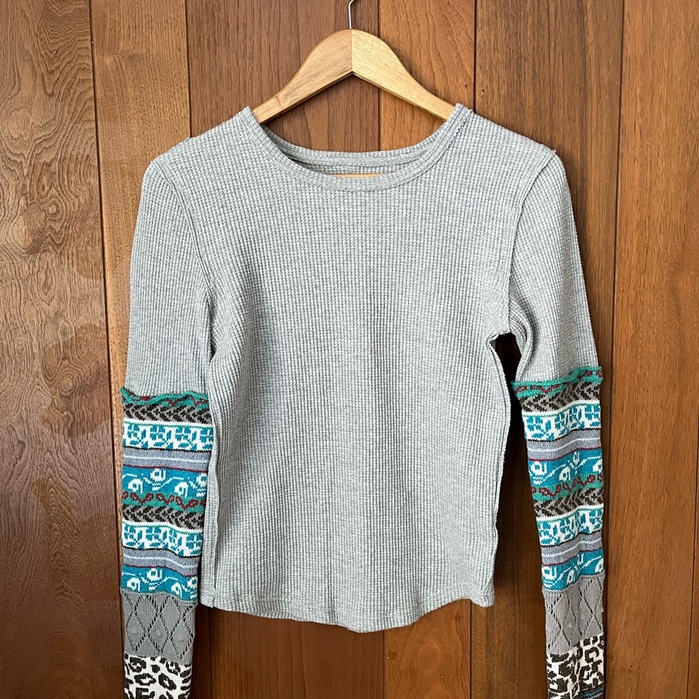 We The Free Waffle Knit Gray Top with Knit Accents